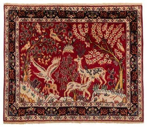 Kashan Handgeknüpfter Perserteppich 80x97 cm-Fine,Orient,Carpet,Rug,Rot,Tiere - Picture 1 of 8