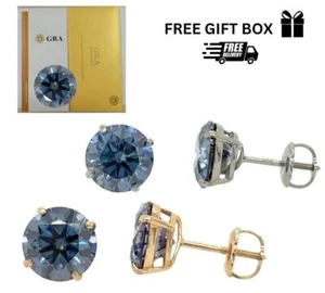 14K Gold GRA Certified D-VVS1 Round Blue Moissanite Screw Back Studs Earrings - Picture 1 of 2