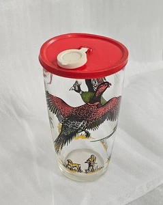 Hazel Atlas Pheasant Glass Tumbler with Red Plastic Lid  Vintage 24 fl. oz. - Picture 1 of 8