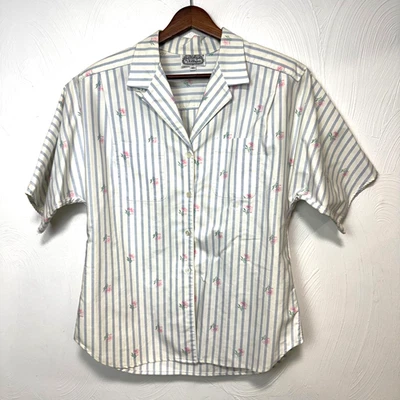 Vintage 1980s The Villager Striped Floral Button Up Shirt Short Sleeve Womens 10 - Image 1 of 4