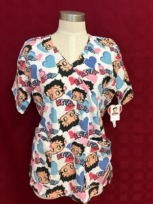 Betty Boop Hearts Tie Back Scrub Top Medical Uniform Womens Size M - Image 1 of 4