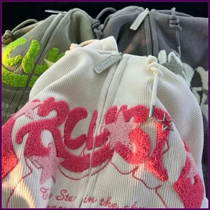 Moda Bordado Cremallera Sudaderas con Capucha Mujeres Otoño Mangas Largas Prendas para el torso Sueltas Camisa - Imagen 1 de 27