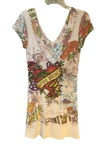 SPY ZONE Sz M Tattoo Floral Y2K Embellished Embroidered Knit Short Sleeve Dress - Picture 1 of 9