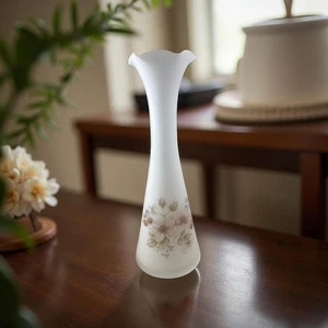 Vintage Viking Satin Frosted Glass Vase With Floral Design 8 Ruffled Top - Picture 1 of 4