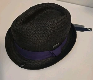 Men's Black Kangol Straw Fedora Hat w/Purple Band Sz Med with Kangol Pin - Picture 1 of 8