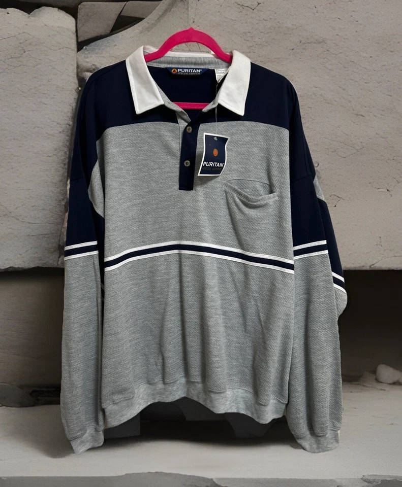 Vintage Anos 90 Puritano Y2K Colorblock Urze Novo Com Etiquetas Cinza Azul Masculino Tamanho 3XL - Imagem 1 de 4