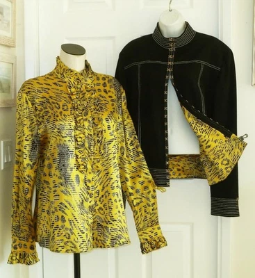 Chaqueta negra 2 piezas ST JOHN COLLECTION forro de seda amarillo artístico y top con botones SJ 14 Foto 1 de 4