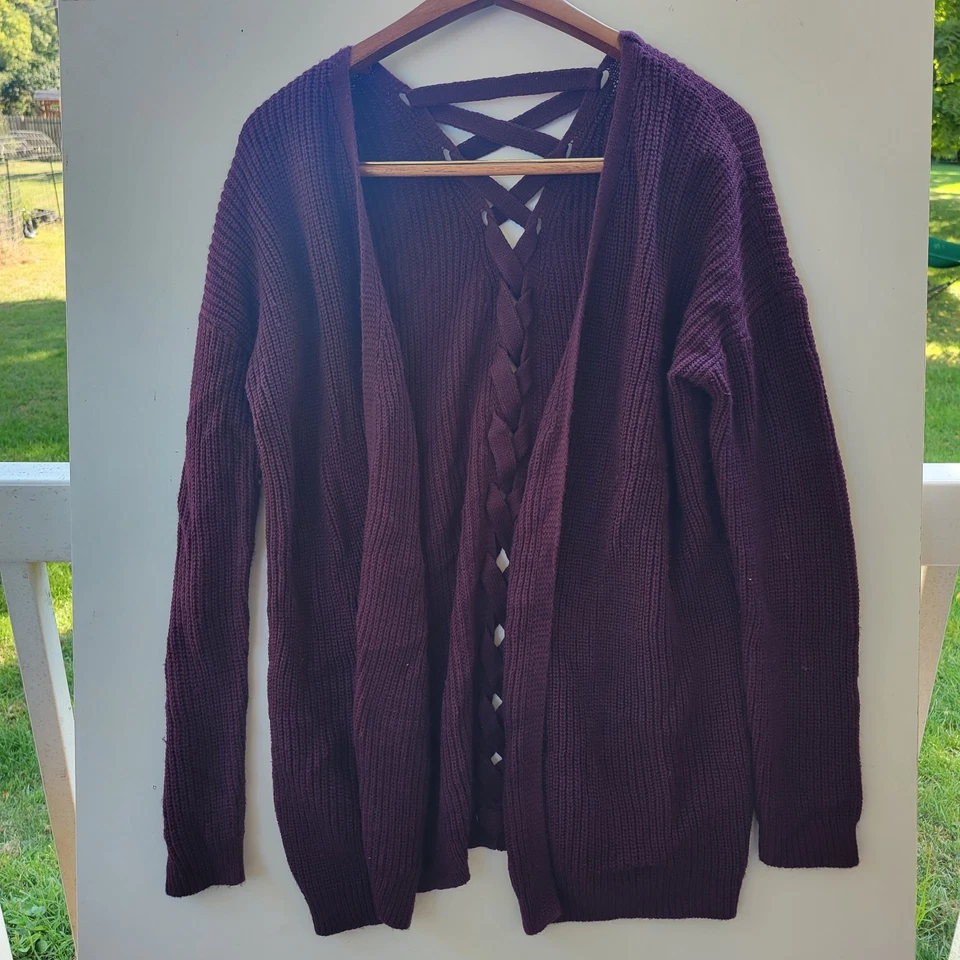 Hippie Rose Juniors Open-Front Lace-Up Cardigan in Artisan Wine, Size L - Image 1 of 4