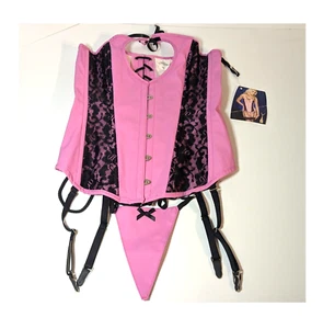 PVC Pink Black Corset Panty Set, Peek a Boo Cutout, Lace Accents by Allure, Sz M - Picture 1 of 15