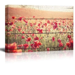 Canvas Prints Wall Art - Poppy Flowers on Vintage Wood Background - 12" x 18" - Picture 1 of 3