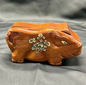Carved Wooden Pig (?) Puzzle Trinket Box with Hidden Storage Glossy Embossed - Picture 1 of 14