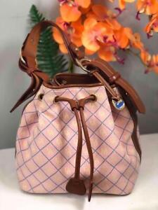DOONEY & BOURKE Pink Canvas Leather Trims Strap Monogram Drawstring Bucket Bag