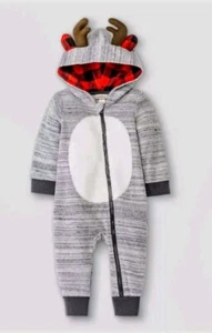 Cat & Jack Baby 1 Peice Zip Up Hooded Reindeer Outfit Grey Holiday - Picture 1 of 5