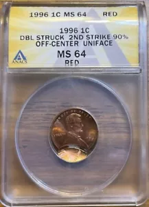 1996 P Lincoln Cent Error ANACS MS64 rot doppelgestockt 2. Off Center Uniface - Bild 1 von 6