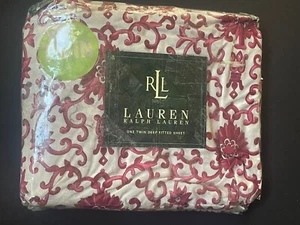 NEW RARE Ralph Lauren *ROSETTE Porcelain TWIN DEEP FITTED Sheet RED WHITE - Picture 1 of 6