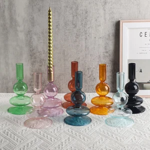 Transparent Glass Candle Holder Stand Retro Mid Century Design Candlestick Decor - Picture 1 of 30