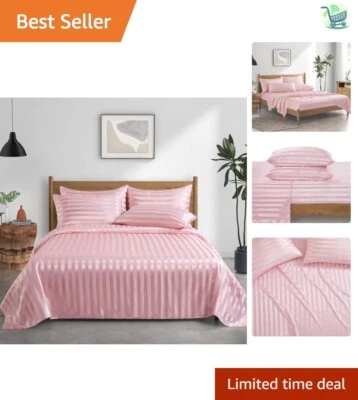 Elegant 6-Piece Striped Satin Sheet Set - Blush Pink Full Bedding Collection - Image 1 of 4