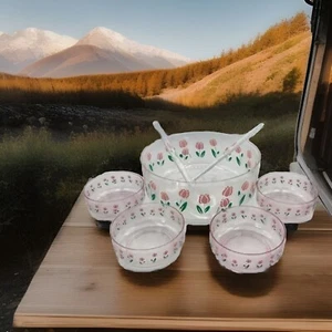 Clear & Rose Acrylic Large Salad Bowl & Matching Serving bowls w/Serving spoons - Picture 1 of 7
