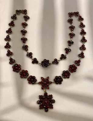 Antik Granatschmuck Collier Granat Steine Rosenschliff Klee Blume Kette Silber  - Bild 1 von 4