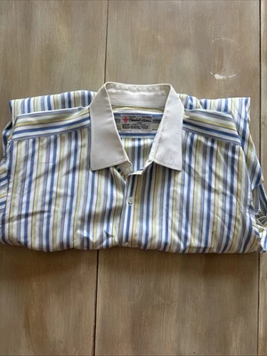 Turnbull & Asser Mens 17 1/2 44 Blue White Yellow Stripe Button Long Sleeve - Image 1 of 4