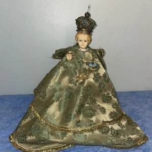 Vintage Plastic / Chalkware Infant Of Prague Statue With 3 Satin Robes 14.5-in - Picture 1 of 8