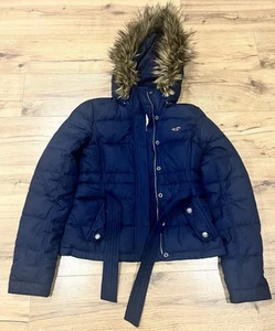 Hollister Down Puffer Jacket Large removable Faux Fur Hood Navy Y2K - Picture 1 of 4