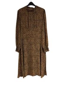 Blue Vanilla Long Sleeved Dress Size 16 Animal Print High Neck Midi Lined Brown - Picture 1 of 10