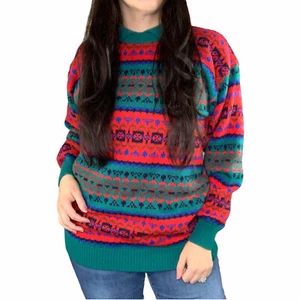 Vintage 90s Fair Isle Stripped Christ Green Red Chunky Oversize Pullover Gr. M - Bild 1 von 8