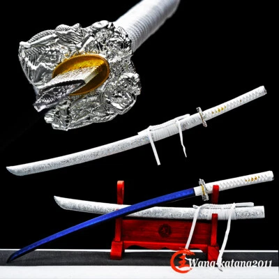 Elegante Espada Katana Samurai Japonesa Blanca con Full Tang Afilada T10 Hoja Azul Foto 1 de 4
