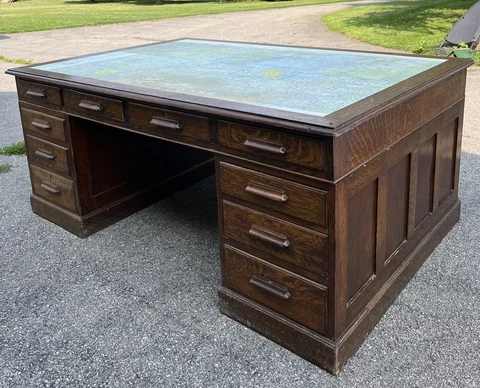 Double Victorian Oak Pedestal Antique Partners Desk with Michigan Map Huge! Cover