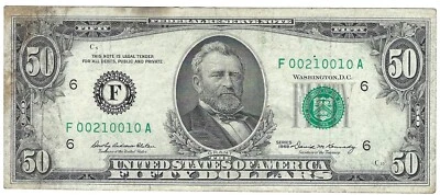 1969 Fifty Dollar Fancy Note F00210010A* Low Sum of 4 Five 0s Atlanta 2114F - Image 1 of 2