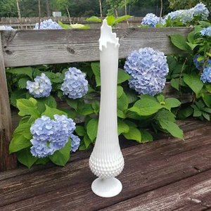 Vintage 22-Inch Tall White Hobnail Milk Glass Swung Vase With Scalloped Edge - Picture 1 of 14