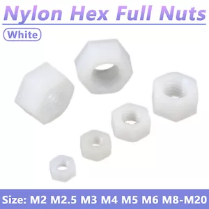 M2 M2.5/M3-M20 Nylon Hex Full Nuts Plastic Hexagon Full Nuts White DIN 934 - Picture 1 of 18