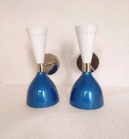 1950's Mid Century Brass Italian Diabolo Wall Sconce Light Fixture 2 Bulb Cover