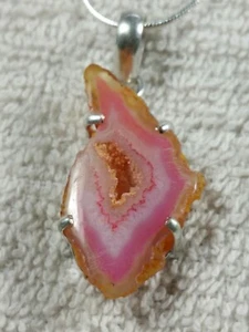 1,7" PFIRSICHROSA GEODE SCHEIBE DRUZY QUARZ STERLINGSILBER ANHÄNGER HALSKETTE 18' - Bild 1 von 10