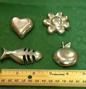 SET OF 4 HAND CAST ALUMINUM -PEWTER SILVER METAL HEAVY MAGNETS - Picture 1 of 3