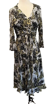 Vestido Colección DONNA RICCO Seda Estampado Floral Cuello en V Amarillo Negro Talla 10 Foto 1 de 4