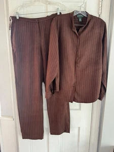 Lauren Ralph Lauren 100% Silk Pinstripe Shirt & Pants Set Brown L Top 10 Bottoms - Picture 1 of 9