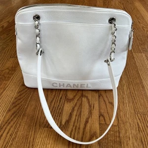 Chanel White Caviar Leather Shoulder Tote Logo - Picture 1 of 13
