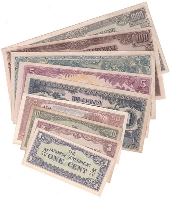 Mazuma *M5469 Malaya Japanese WWII JIM 1942 1C - $1000 9pcs Full Set Mix Cond - Image 1 of 4