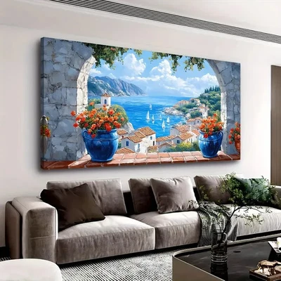 Каркасный средиземноморский морской пейзаж холст 24x36 дюймов прибрежная арка настенное искусство для домашнего декора - Изображение 1 из 4