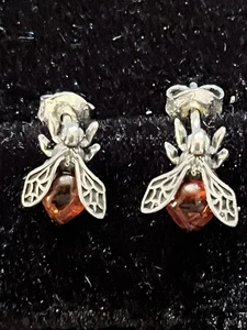 Sterling Silber Hummel Ohrstecker mit Bernstein Insekten Stachel  - Bild 1 von 12