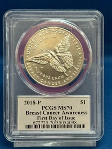 2018 $1 Breast Cancer Awareness Silver PCGS MS70 FDOI – Pink holder - Picture 1 of 4
