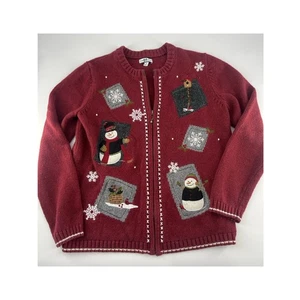 Croft & Barrow Zip Front Christmas Sweater Medium Red XMAS Snowman Snowflake - Picture 1 of 11