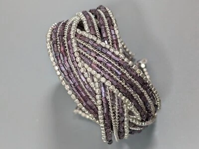 Brazalete abierto trenzado tono plata cuentas vidrio púrpura costero playa 6,5 pulgadas Foto 1 de 4