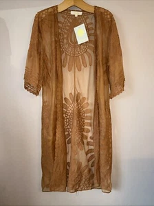 New Rebellion Lovely Brown Embroidered Long Kimono Top/ Cover Up - Size Medium - Picture 1 of 3