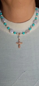 Collana perle irregolari di fiume+perle di majorca+tondi pasta di turchese+croce - Picture 1 of 16