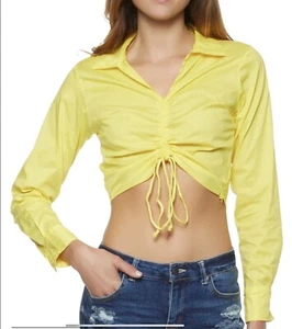 Women M = Junior XL Ruched Cropped Drawstring Blouse Long Sleeve VNeck YELLOW - Picture 1 of 9