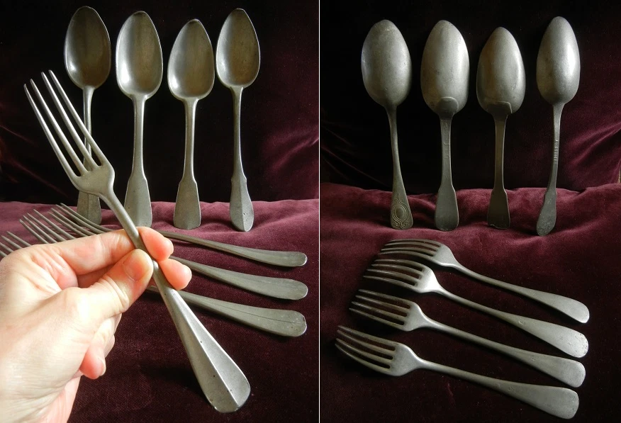 XIX° - LOT DE 8 ANCIENS COUVERTS DE TABLE EN ETAIN - Photo 1/4