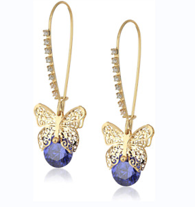 Betsey Johnson CZ Butterfly Dangle Earrings Amethyst Colored CZ Stone Accents